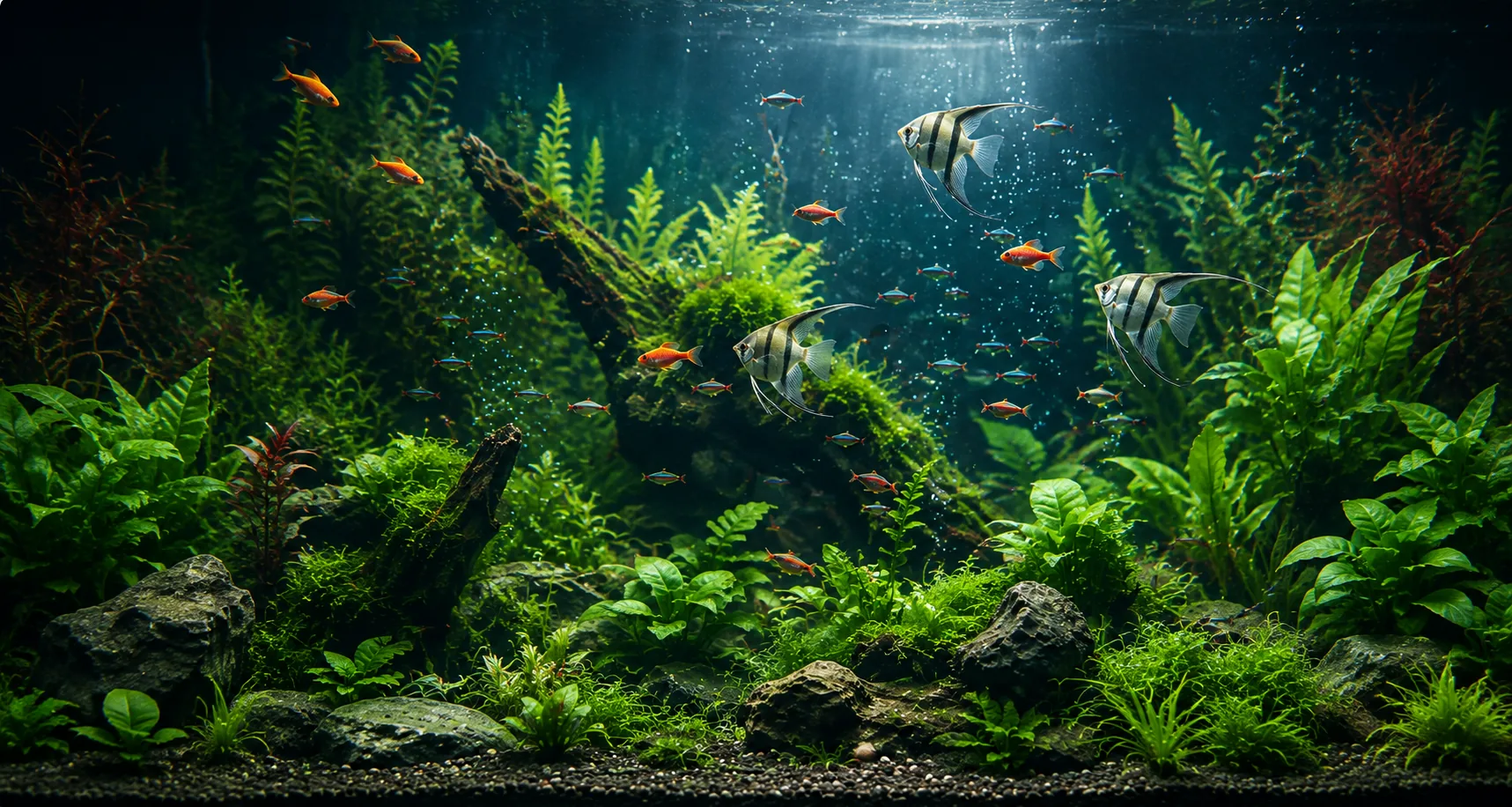 Sunlit planted aquarium aquascape